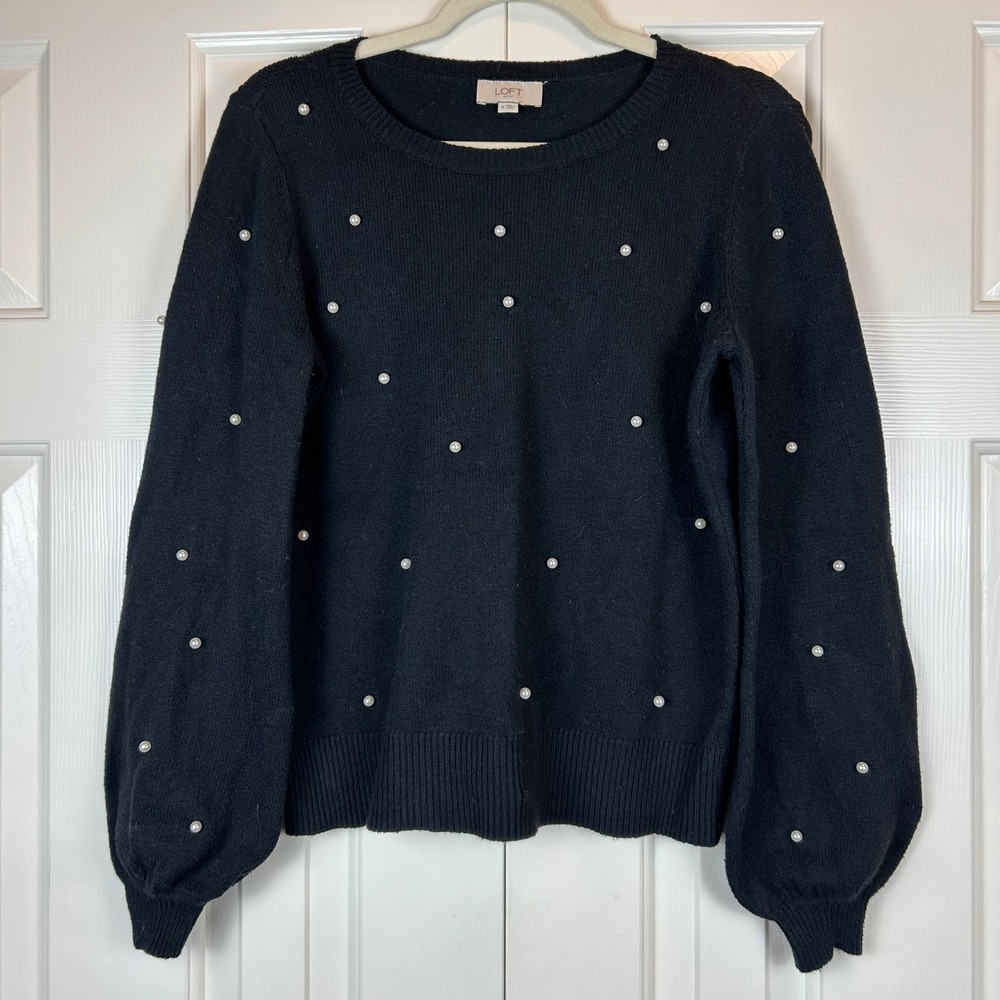 LOFT Black Pearl Embellished Balloon Sleeve Sweater